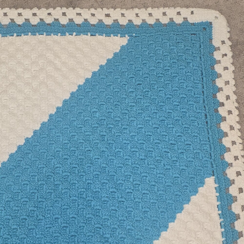 Vintage Handmade Crochet Afghan Lap Blanket Turquoise White 41x32 Retro - Picture 6 of 9